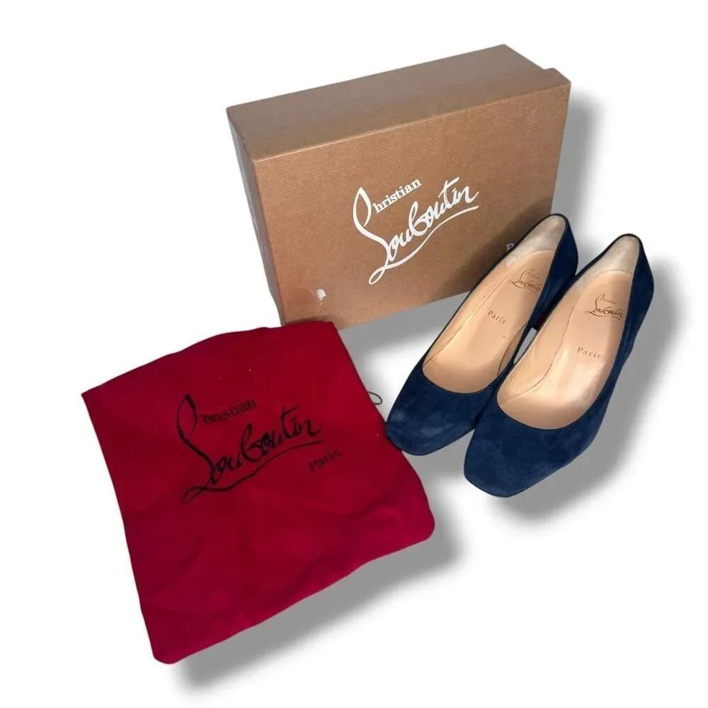 Christian Louboutin Donna Stud 55 Veau Velours Blue Suede Block Heel Pump 38.5 - Picture 3 of 9